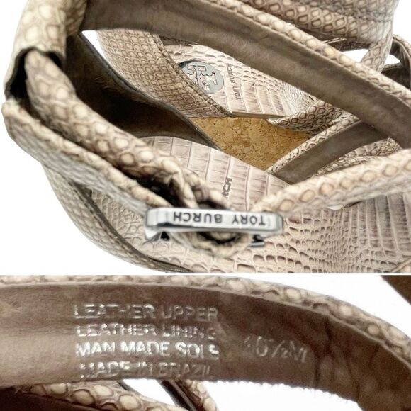 Tory Burch Taupe Reptile Embossed Leather Strappy Cork Wedge Sandals Size 10.5 - Picture 14 of 16
